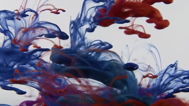 Dynamic Red and Blue Ink Swirl in Water Abstract Fluid Motion Background.