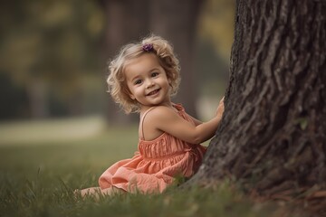 Smiling Toddler Playing by a Tree in the Park