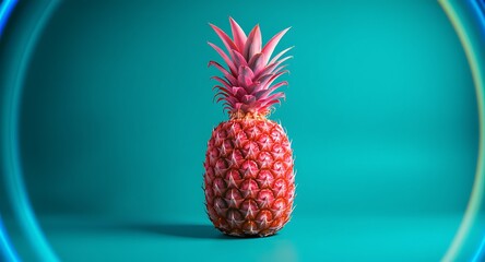 Red pineapple with pink leaves on teal background with circular light rings