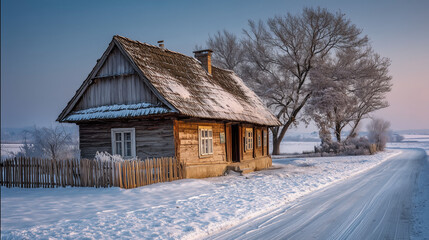 snow-covered wooden house with steep roof, frosty trees, and winding road under pastel sky in serene winter countryside composition