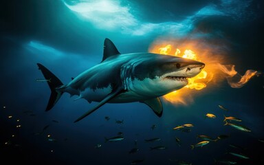 Obraz premium Majestic Great White Shark Swimming Through Deep Ocean Waters with Dramatic Lighting Effect Underwater Predator in its Natural Habitat