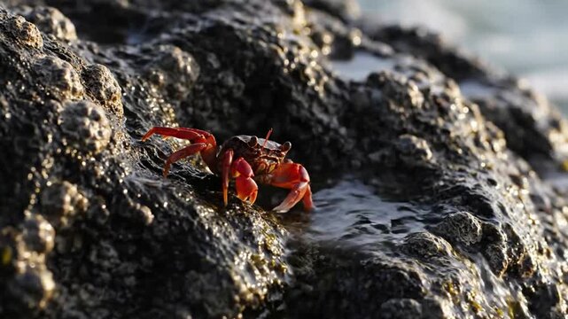 A small red crab rests on a textured, wet rock, illuminated by sunlight, showcasing its vibrant color.