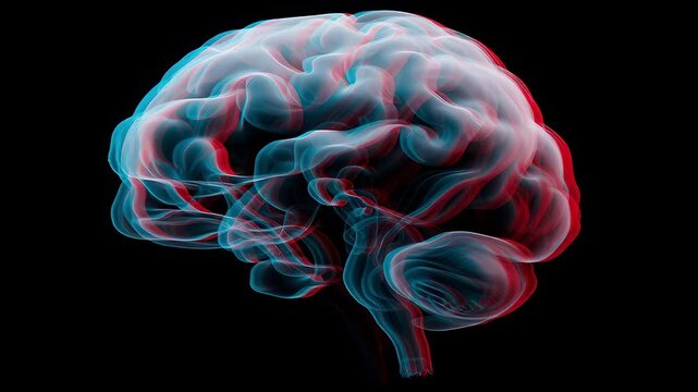 Abstract loop animation of an desynchronized brain with neon red and blue glow on black background, concept for neurological imbalance, and cognitive dissonance
