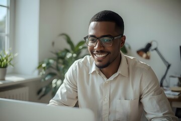 Smiling Young Professional Working on Laptop in Modern Office