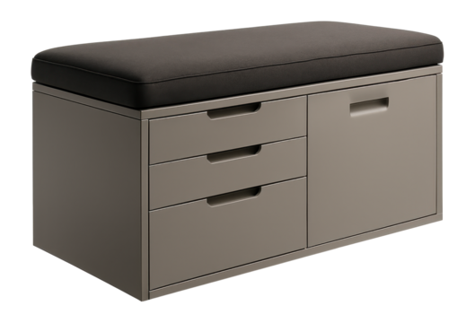 A sleek filing cabinet with a padded top, serving as a bench in a hallway office space.