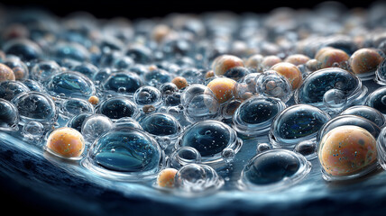 Microscopic bubbles clustered on a surface representing emulsions and complex fluids, visualizing material behavior stability and chemical engineering processes.
