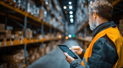 Medium shot of a logistics operator using a tablet to coordinate shipments showcasing integration of digital tools in supply chain workflows.