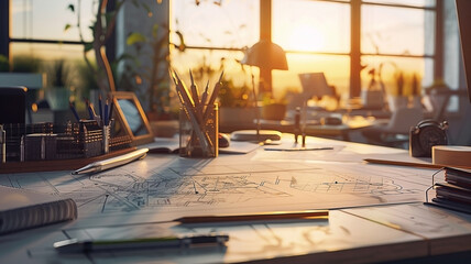 Architectural Workplace with Drawings and Drafting Tools Bathed in Golden Sunlight