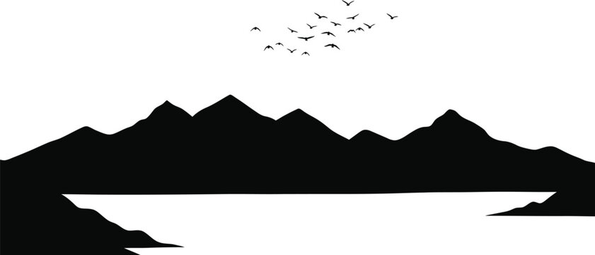 Minimalist black and white mountain range silhouette with a flock of birds flying in the sky above