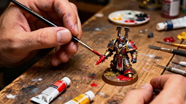 Close-up of hands painting a detailed fantasy miniature figure on a workbench - hobby, painting, miniatures, creativity, precision.