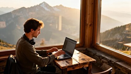 A young digital nomad works on his laptop in a cabin with scenic mountain views at sunset - remote work, freelance, lifestyle, technology, travel. - Powered by Adobe