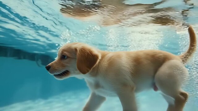 Underwater shot of a playful golden labrador retriever puppy in a swimming pool, diving and jumping for fun. Showcasing action and games with family pets during summer.