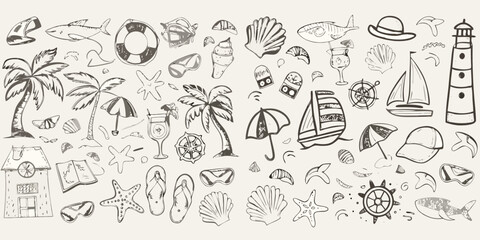 Whimsical hand drawn summer beach vacation elements collection with palm trees and ocean life
