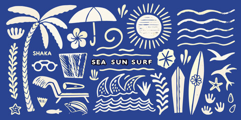 Whimsical hand drawn beach and surf elements on a deep blue background