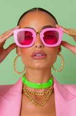 A hand adorned with gold bracelets holds a giant slice of watermelon against a pastel backdrop. Colorful surreal food concept blending jewelry with summer fruit.