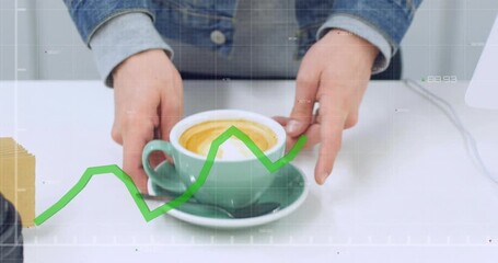 Man placing green saucer on white cafe counter, placing cup, spoon, graph animating data behind cup - Powered by Adobe