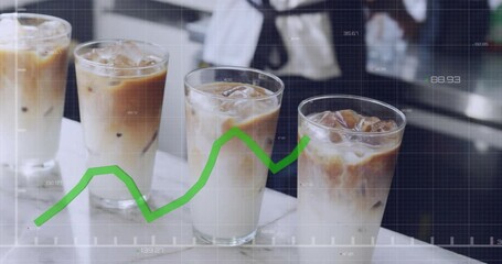 Green graph moving under coffee glasses driving barista lifting jar illustrating coffee sales trend - Powered by Adobe