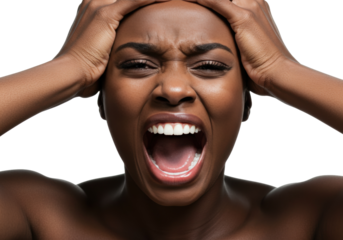 Stressed African woman screaming with hands on head isolated on transparent background, expressing frustration and anger in PNG format