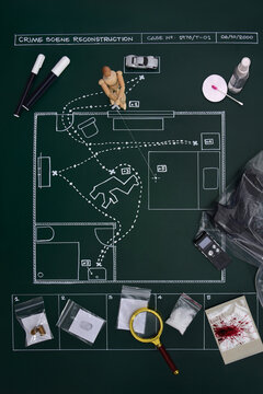 Crime scene investigation reconstruction with evidence on a drawing board