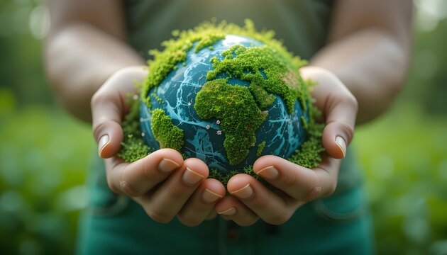 Hands Holding a Moss-Covered Earth Globe Symbolizing Nature Conservation, Environmental Protection, Sustainability, and Love for Planet Earth, Eco-Friendly Future and Green Living Concept