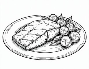 Fish Fillet with Lemon and Herbs Line Art Illustration
