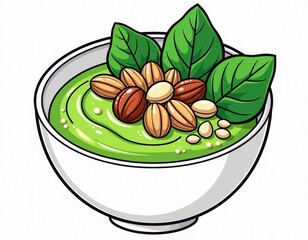Healthy Green Dip Bowl with Basil and Nuts Illustration