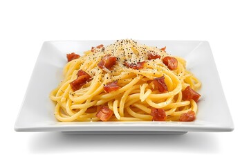 Spaghetti Carbonara with Bacon and Cheese on White Plate