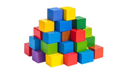 Colorful wooden building blocks arranged in a pyramid isolated on transparent background.