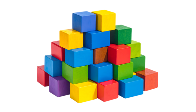 Colorful wooden building blocks arranged in a pyramid isolated on transparent background.