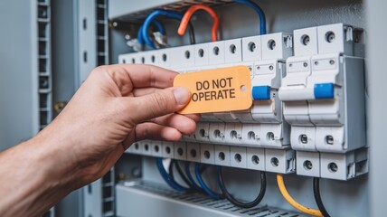 safety training workplace routine concept. Hand placing a "DO NOT OPERATE" tag on electrical equipment for safety.