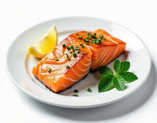 Delicious Healthy Salmon Fillets with Lemon and Herbs on White Plate