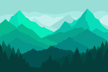Fototapeta premium A layered mountain range with evergreen trees view