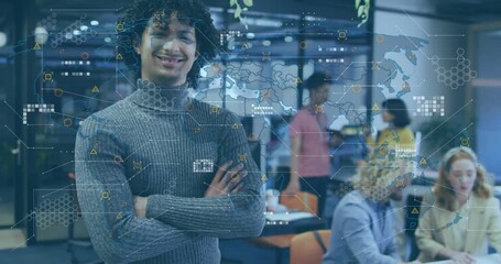 Man watching colleague holding tablet initiating map overlay illustrating business insights - Powered by Adobe
