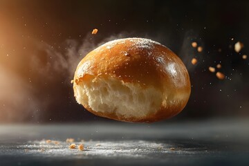 Golden brown bun with powdered sugar levitates in the air, promising bakery freshness and delightful taste for food ads and recipe blogs