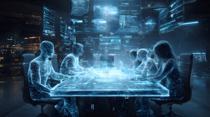 High-tech meeting in a futuristic setting with digital displays and holographic participants at a conference table