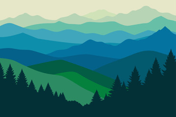 Fototapeta premium Landscape with blue and green mountains and trees