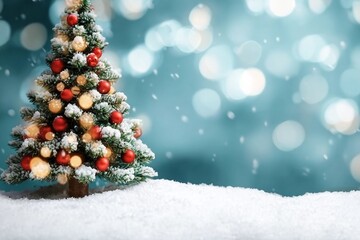 Beautifully decorated Christmas tree and snow on light blue background, space for text. Bokeh effect