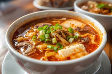 Spicy ramen noodle soup with tofu, mushrooms, and scallions
