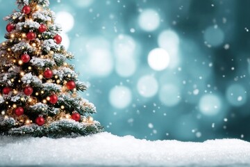 Obraz premium Beautifully decorated Christmas tree and snow on light blue background, space for text. Bokeh effect