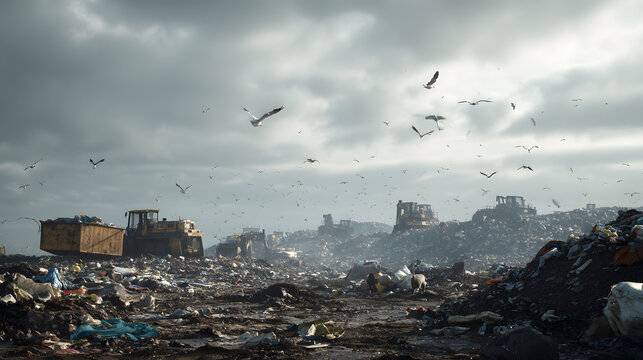 Heavy machinery works at a landfill under cloudy skies while seagulls circle overhead - Powered by Adobe