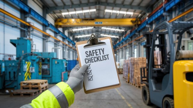 safety training workplace routine concept. Safety checklist held in a warehouse, featuring equipment and pallets in the background.