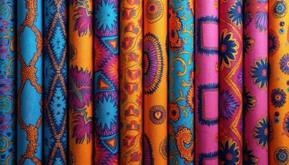 Bright African print fabric rolls line up. Colorful patterns show diverse design with geometric forms, flower shapes. Vibrant textiles highlight cultural heritage, artisan craft. Great for modern