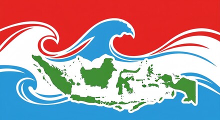 Vector illustration of Indonesia map surrounded by dynamic ocean wave patterns in red, white, and blue colors