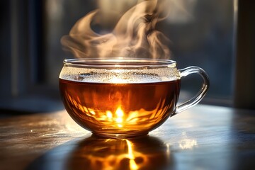 Enjoy the soothing aroma of hot tea in a glass cup, perfect for wellness blogs or relaxing afternoon moments, offering warmth and serenity