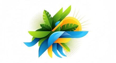 Abstract tropical nature vector illustration featuring a rising sun, green leaves, and blue water elements.