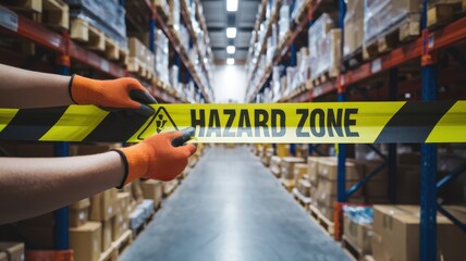 safety training workplace routine concept. Warehouse worker marking a hazard zone with caution tape in a storage facility.
