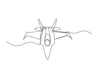 Military fighter jet plane in single outline illustration. Continuous line art drawing of military fighter jet plane. Editable stroke.