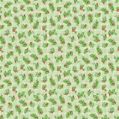 Seamless Christmas pattern with watercolor holly leaves, red berries on green plaid background. Holiday design, great for fabric, textile, wrapping paper, cards, backdrop, festive projects, stationery