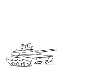 Military main battle tank in single outline illustration. Continuous line art drawing of army main battle tank. Editable stroke.