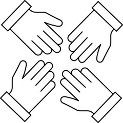 Four black outline hands reaching inward on white background black and white